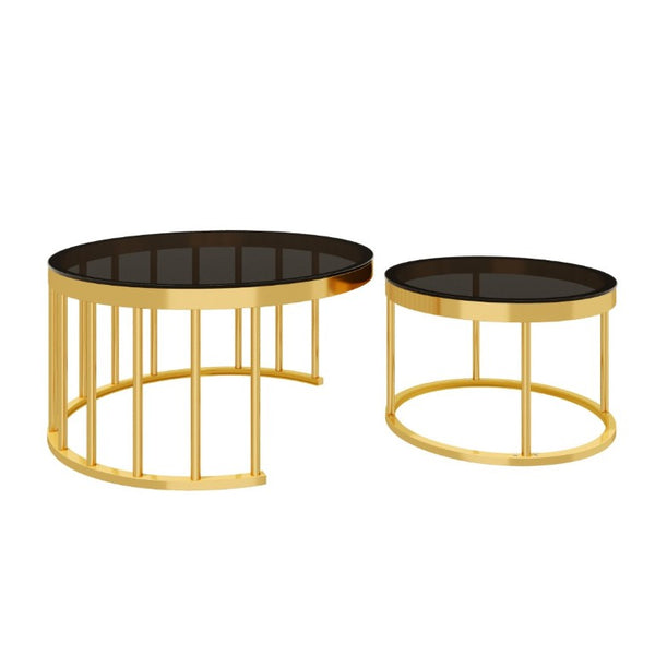 English Elm Round Mirrored Glass Nesting Tables Glam Metal Frame Accent Set for Living Room Black N735P507241B