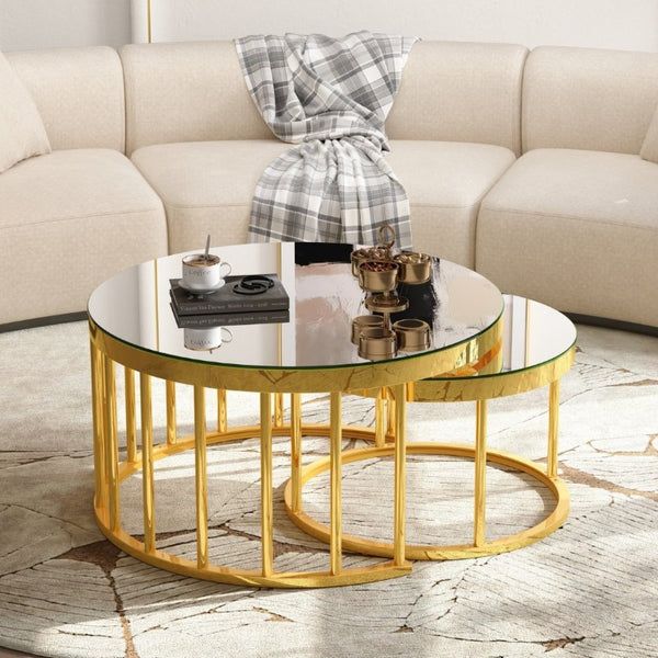 English Elm Round Mirrored Glass Nesting Tables Glam Metal Frame Accent Set for Living Room Gold N735P507241K