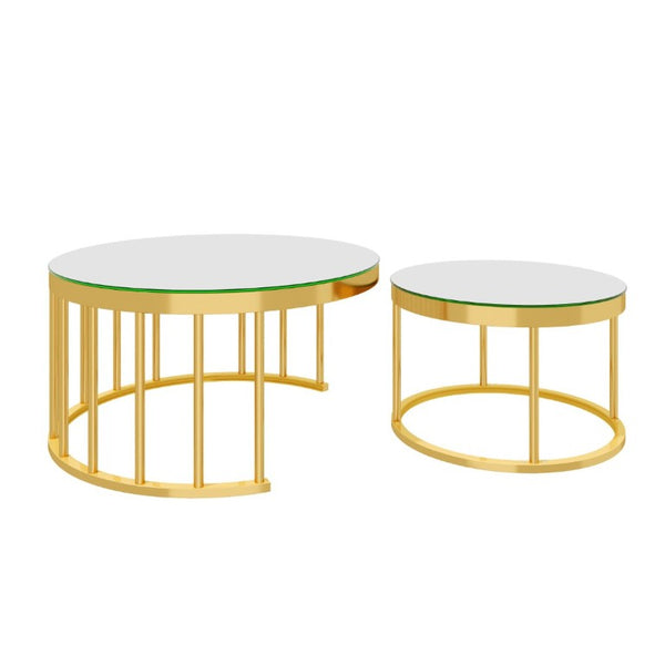 English Elm Round Mirrored Glass Nesting Tables Glam Metal Frame Accent Set for Living Room Gold N735P507241K