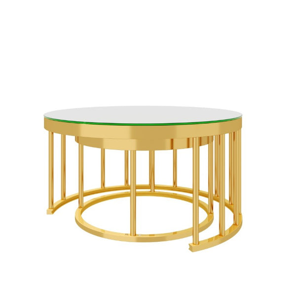 English Elm Round Mirrored Glass Nesting Tables Glam Metal Frame Accent Set for Living Room Gold N735P507241K