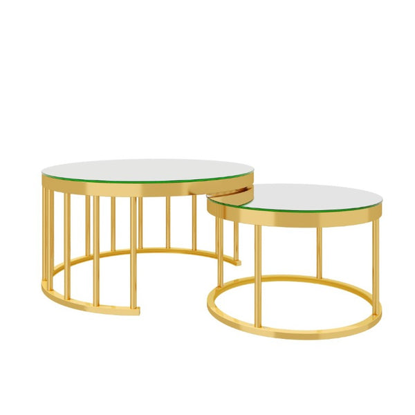 English Elm Round Mirrored Glass Nesting Tables Glam Metal Frame Accent Set for Living Room Gold N735P507241K