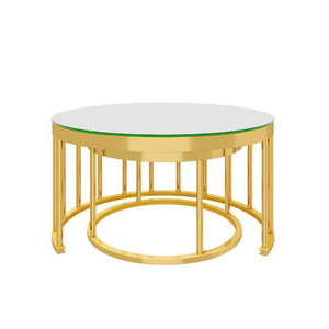 English Elm Round Mirrored Glass Nesting Tables Glam Metal Frame Accent Set for Living Room Gold N735P507241K