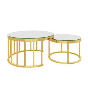 English Elm Round Mirrored Glass Nesting Tables Glam Metal Frame Accent Set for Living Room Gold N735P507241K
