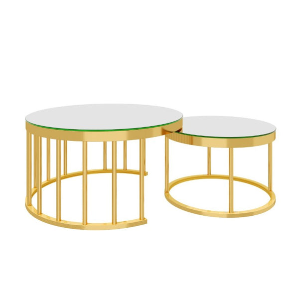 English Elm Round Mirrored Glass Nesting Tables Glam Metal Frame Accent Set for Living Room Gold N735P507241K