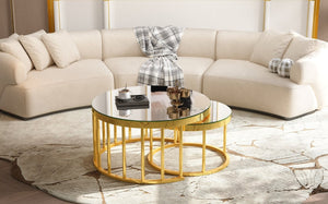 English Elm Round Mirrored Glass Nesting Tables Glam Metal Frame Accent Set for Living Room Gold N735P507241K