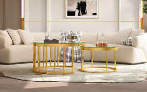 English Elm Round Mirrored Glass Nesting Tables Glam Metal Frame Accent Set for Living Room Gold N735P507241K