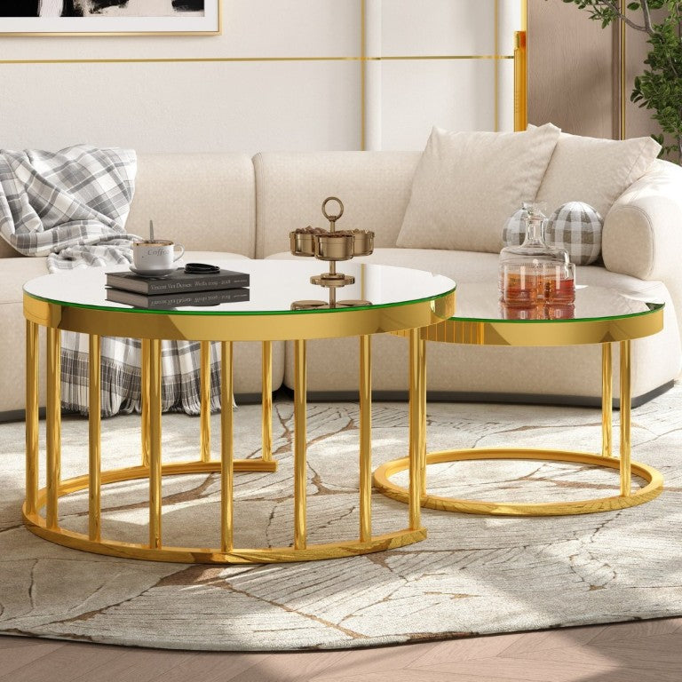 English Elm Round Mirrored Glass Nesting Tables Glam Metal Frame Accent Set for Living Room Gold N735P507241K