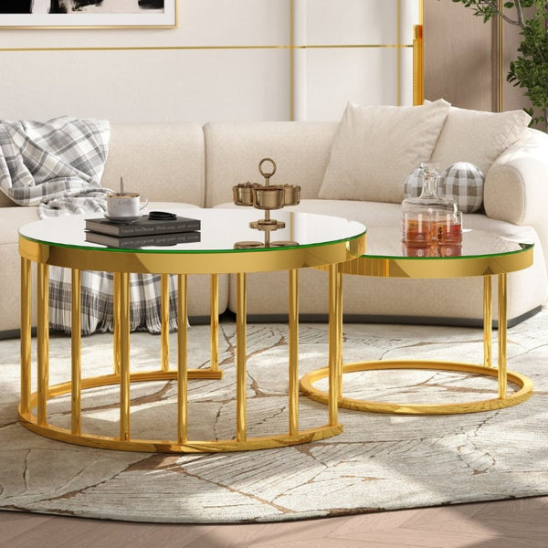 English Elm Round Mirrored Glass Nesting Tables Glam Metal Frame Accent Set for Living Room Gold N735P507241K