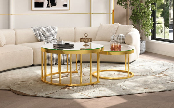 English Elm Round Mirrored Glass Nesting Tables Glam Metal Frame Accent Set for Living Room Gold N735P507241K