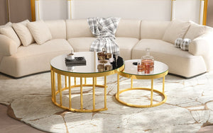English Elm Round Mirrored Glass Nesting Tables Glam Metal Frame Accent Set for Living Room Gold N735P507241K