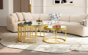 English Elm Round Mirrored Glass Nesting Tables Glam Metal Frame Accent Set for Living Room Gold N735P507241K