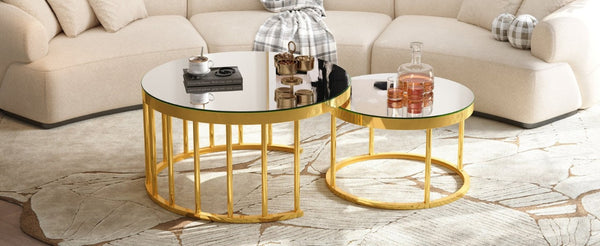 English Elm Round Mirrored Glass Nesting Tables Glam Metal Frame Accent Set for Living Room Gold N735P507241K