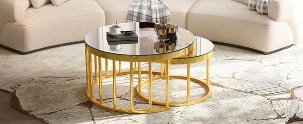 English Elm Round Mirrored Glass Nesting Tables Glam Metal Frame Accent Set for Living Room Gold N735P507241K