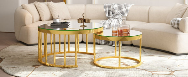 English Elm Round Mirrored Glass Nesting Tables Glam Metal Frame Accent Set for Living Room Gold N735P507241K