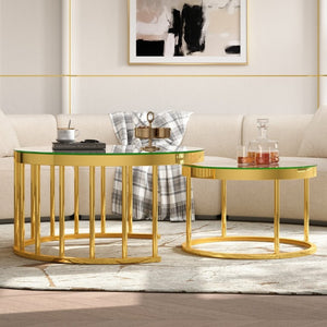 English Elm Round Mirrored Glass Nesting Tables Glam Metal Frame Accent Set for Living Room Gold N735P507241K