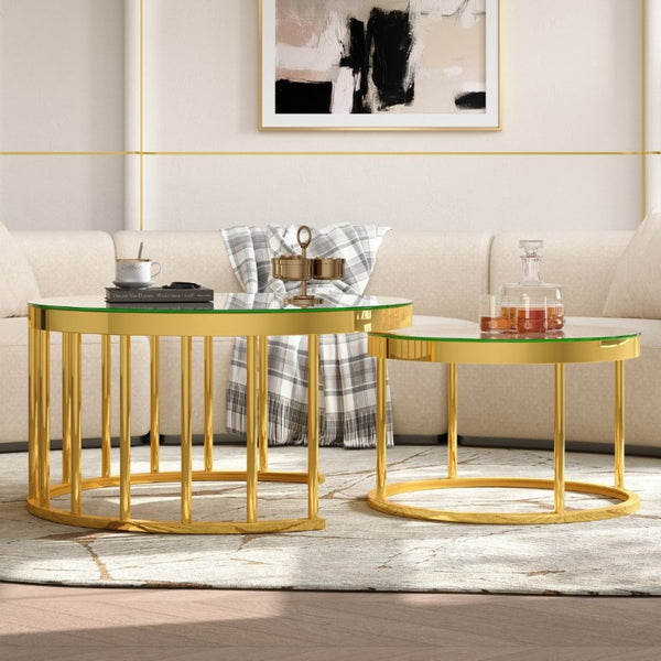 English Elm Round Mirrored Glass Nesting Tables Glam Metal Frame Accent Set for Living Room Gold N735P507241K