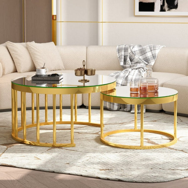English Elm Round Mirrored Glass Nesting Tables Glam Metal Frame Accent Set for Living Room Gold N735P507241K