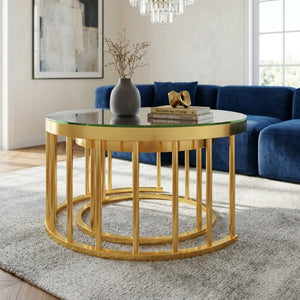 English Elm Round Mirrored Glass Nesting Tables Glam Metal Frame Accent Set for Living Room Gold N735P507241K