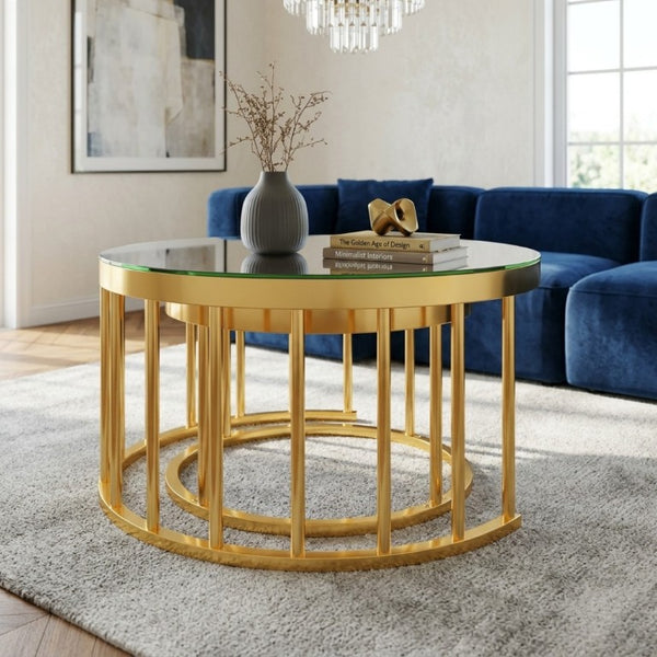 English Elm Round Mirrored Glass Nesting Tables Glam Metal Frame Accent Set for Living Room Gold N735P507241K