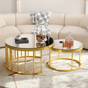 English Elm Round Mirrored Glass Nesting Tables Glam Metal Frame Accent Set for Living Room Gold N735P507241K