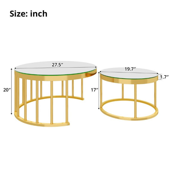 English Elm Round Mirrored Glass Nesting Tables Glam Metal Frame Accent Set for Living Room Gold N735P507241K