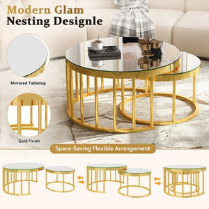 English Elm Round Mirrored Glass Nesting Tables Glam Metal Frame Accent Set for Living Room Gold N735P507241K