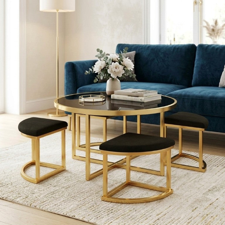 English Elm Modern Round Glass Top Coffee Table Set with Four Velvet Nesting Stools Gold Frame Black N735P525144B