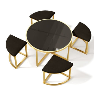 English Elm Modern Round Glass Top Coffee Table Set with Four Velvet Nesting Stools Gold Frame Black N735P525144B