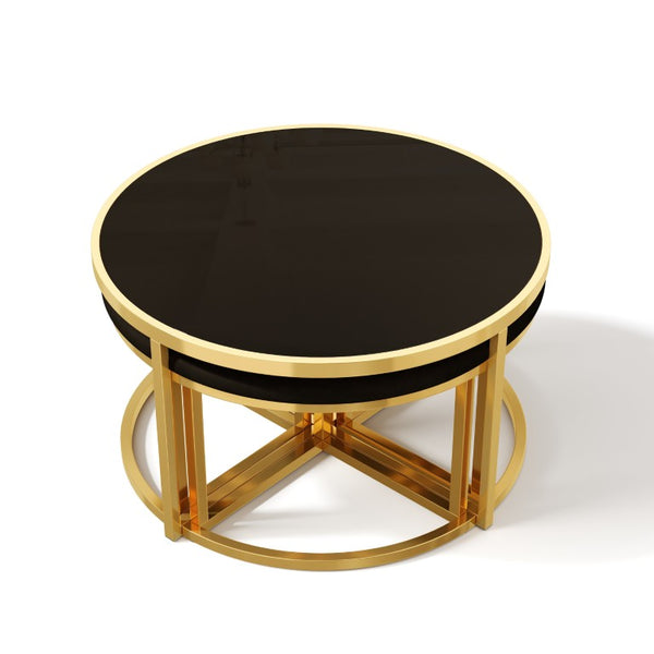 English Elm Modern Round Glass Top Coffee Table Set with Four Velvet Nesting Stools Gold Frame Black N735P525144B
