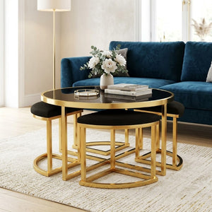 English Elm Modern Round Glass Top Coffee Table Set with Four Velvet Nesting Stools Gold Frame Black N735P525144B