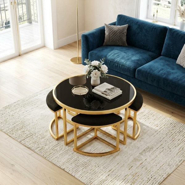 English Elm Modern Round Glass Top Coffee Table Set with Four Velvet Nesting Stools Gold Frame Black N735P525144B