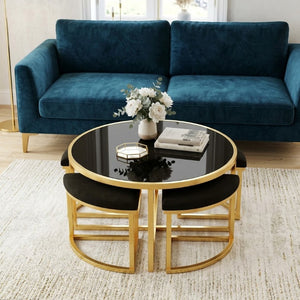 English Elm Modern Round Glass Top Coffee Table Set with Four Velvet Nesting Stools Gold Frame Black N735P525144B