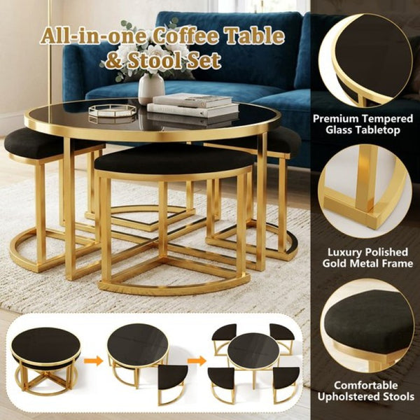 English Elm Modern Round Glass Top Coffee Table Set with Four Velvet Nesting Stools Gold Frame Black N735P525144B