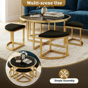 English Elm Modern Round Glass Top Coffee Table Set with Four Velvet Nesting Stools Gold Frame Black N735P525144B