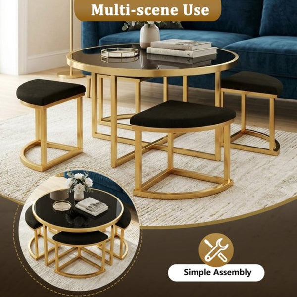 English Elm Modern Round Glass Top Coffee Table Set with Four Velvet Nesting Stools Gold Frame Black N735P525144B