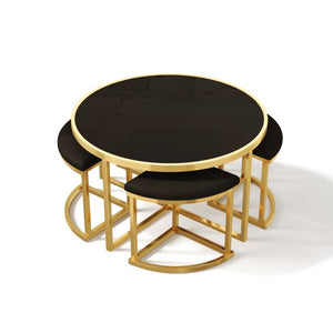 English Elm Modern Round Glass Top Coffee Table Set with Four Velvet Nesting Stools Gold Frame Black N735P525144B
