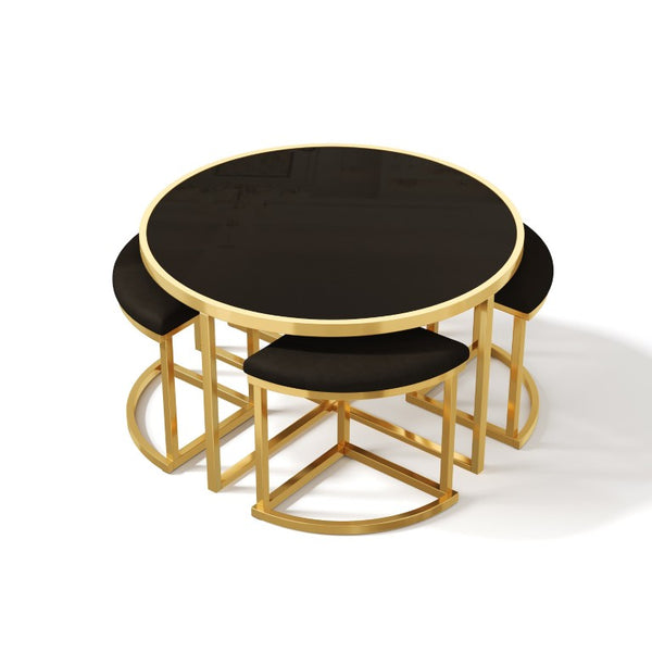 English Elm Modern Round Glass Top Coffee Table Set with Four Velvet Nesting Stools Gold Frame Black N735P525144B