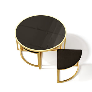 English Elm Modern Round Glass Top Coffee Table Set with Four Velvet Nesting Stools Gold Frame Black N735P525144B