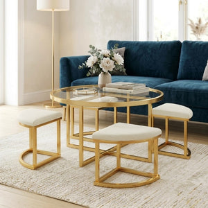 English Elm Modern Round Glass Top Coffee Table Set with Four Velvet Nesting Stools Gold Frame Clear N735P525144K