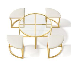 English Elm Modern Round Glass Top Coffee Table Set with Four Velvet Nesting Stools Gold Frame Clear N735P525144K