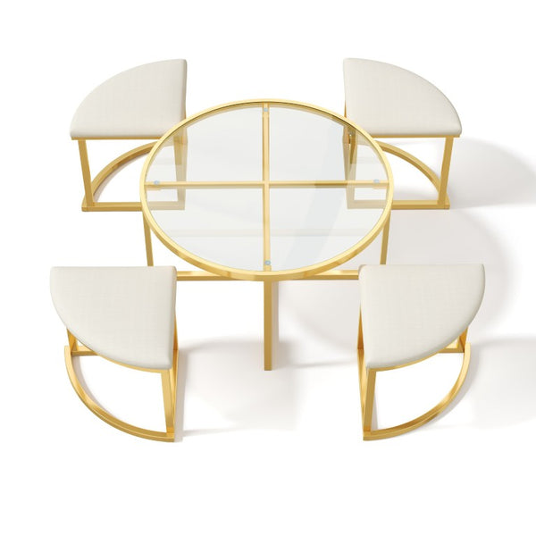 English Elm Modern Round Glass Top Coffee Table Set with Four Velvet Nesting Stools Gold Frame Clear N735P525144K