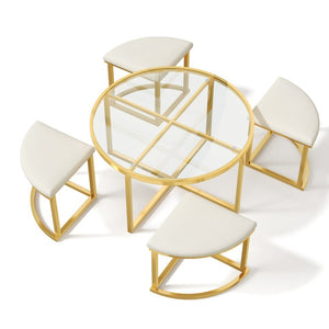 English Elm Modern Round Glass Top Coffee Table Set with Four Velvet Nesting Stools Gold Frame Clear N735P525144K