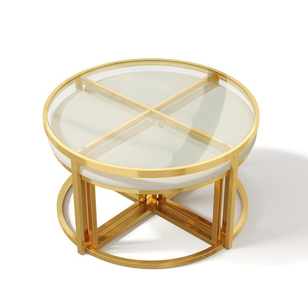 English Elm Modern Round Glass Top Coffee Table Set with Four Velvet Nesting Stools Gold Frame Clear N735P525144K