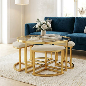English Elm Modern Round Glass Top Coffee Table Set with Four Velvet Nesting Stools Gold Frame Clear N735P525144K