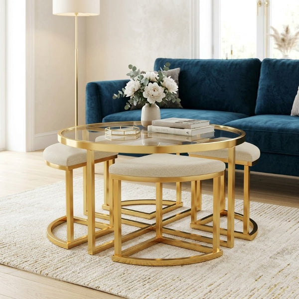 English Elm Modern Round Glass Top Coffee Table Set with Four Velvet Nesting Stools Gold Frame Clear N735P525144K