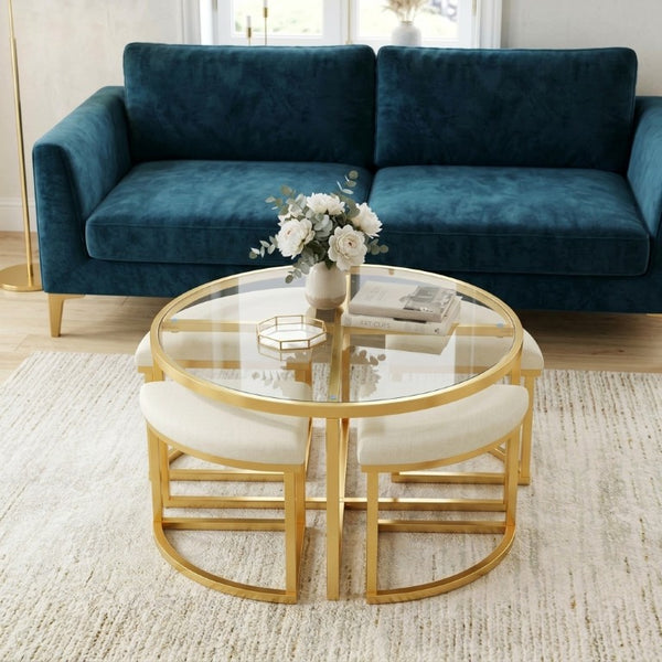 English Elm Modern Round Glass Top Coffee Table Set with Four Velvet Nesting Stools Gold Frame Clear N735P525144K
