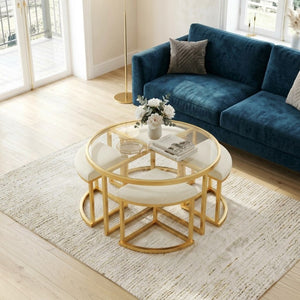 English Elm Modern Round Glass Top Coffee Table Set with Four Velvet Nesting Stools Gold Frame Clear N735P525144K