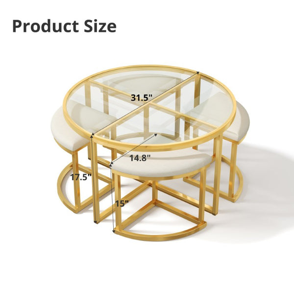 English Elm Modern Round Glass Top Coffee Table Set with Four Velvet Nesting Stools Gold Frame Clear N735P525144K