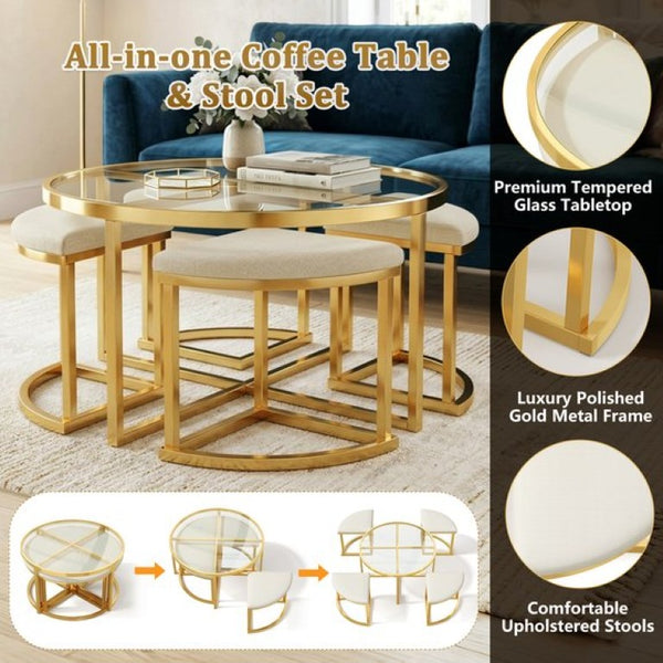 English Elm Modern Round Glass Top Coffee Table Set with Four Velvet Nesting Stools Gold Frame Clear N735P525144K