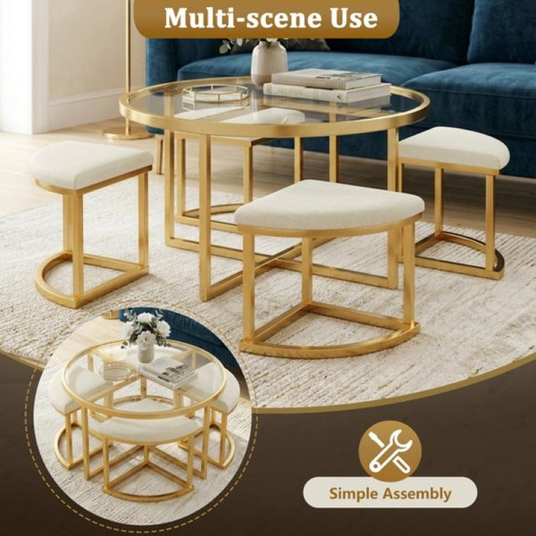English Elm Modern Round Glass Top Coffee Table Set with Four Velvet Nesting Stools Gold Frame Clear N735P525144K